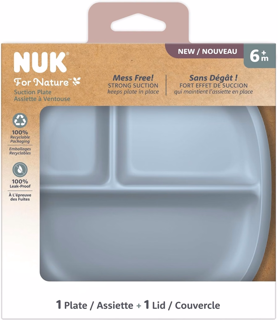 Assiette et couvercle à ventouse NUK for Nature, couvercle étanche, compatible micro-ondes, congélateur et lave-vaisselle (panier supérieur), sans BPA ni latex, lot de 1 : Bébé