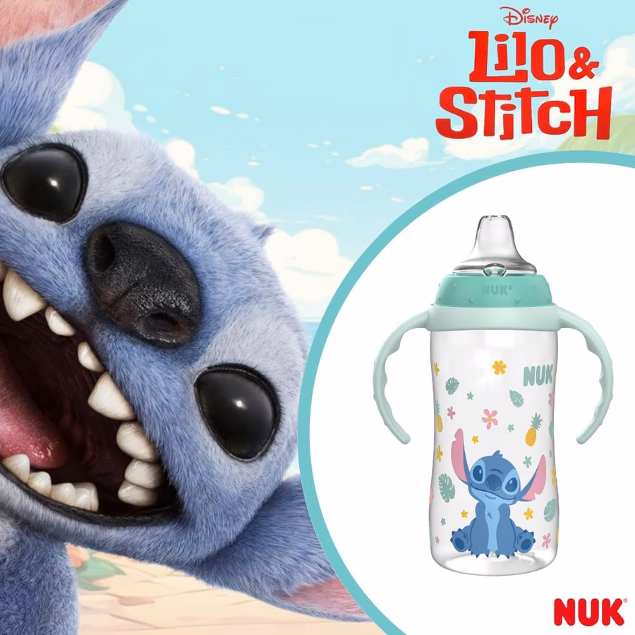 Gobelet d'apprentissage NUK, 295 ml, lot de 2, Disney's Stitch – Bec souple, poignées ergonomiques, sans BPA, gobelet anti-fuites pour bébé