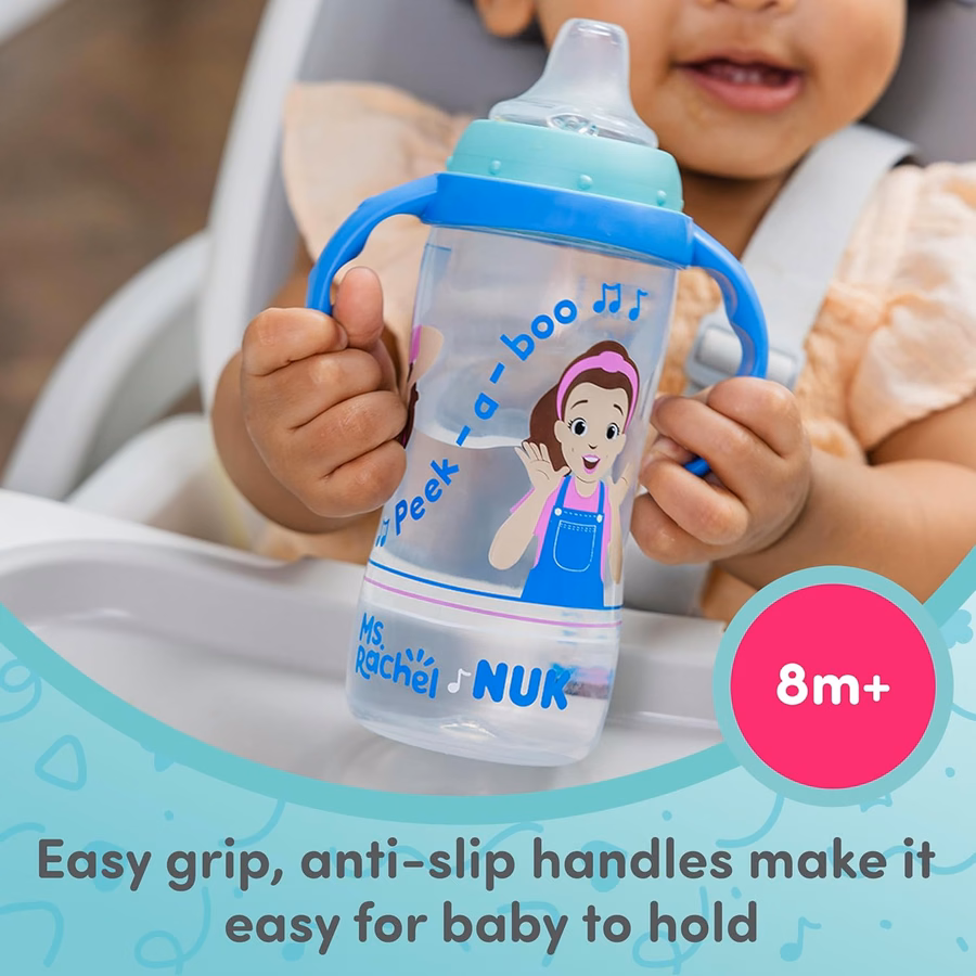 Gobelet d'apprentissage NUK, modèle Mme Rachel, 295 ml, dès 8 mois, lot de 2 – Bec souple, poignées ergonomiques, sans BPA, gobelet anti-fuites pour la transition vers l'apprentissage de l'eau : Bébé