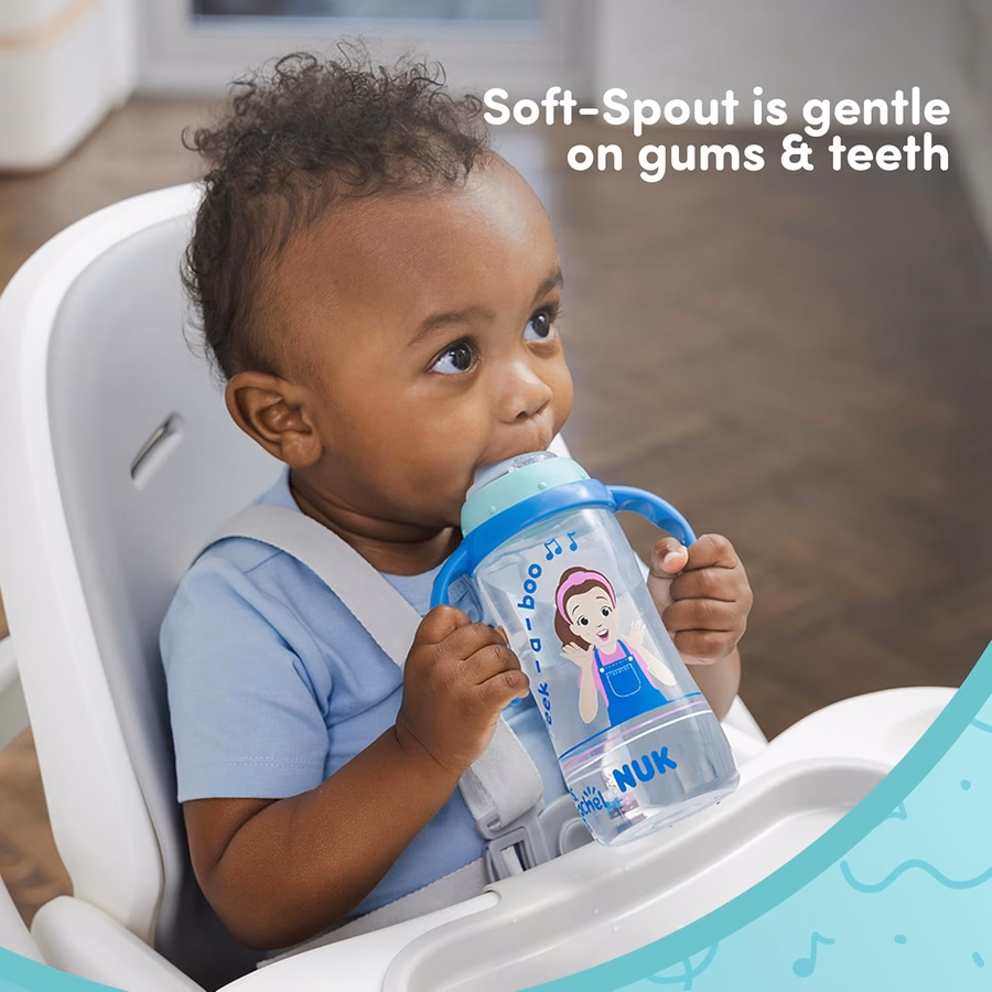 Gobelet d'apprentissage NUK, modèle Mme Rachel, 295 ml, dès 8 mois, lot de 2 – Bec souple, poignées ergonomiques, sans BPA, gobelet anti-fuites pour la transition vers l'apprentissage de l'eau : Bébé