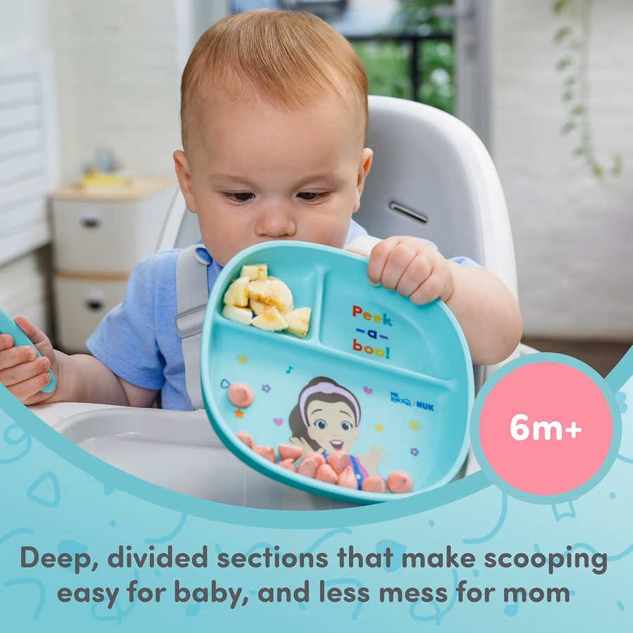Ensemble de vaisselle NUK Mme Rachel, assiette et bol pour tout-petit, couverts pour enfant (fourchette et cuillère), ensemble repas pour enfants, sans BPA, compatible lave-vaisselle : Bébé