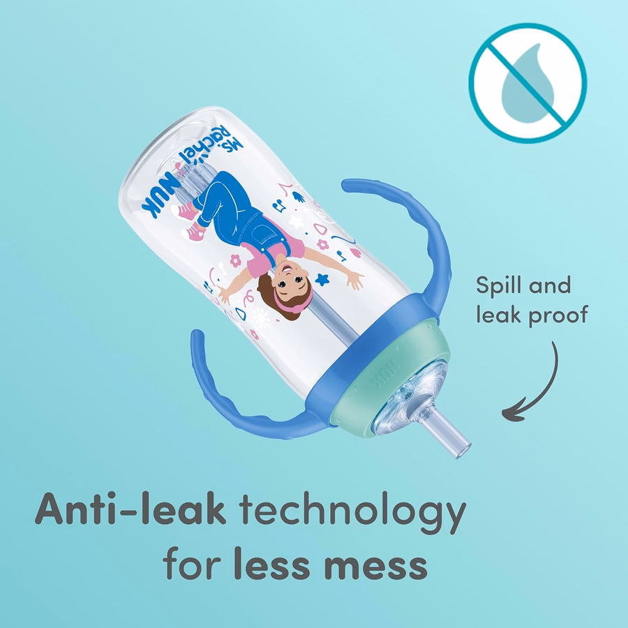 Gobelet à paille NUK First Choice Mme Rachel Learner, 295 ml (10 oz), pour bébés et jeunes enfants. Anti-fuites, lot de 2.