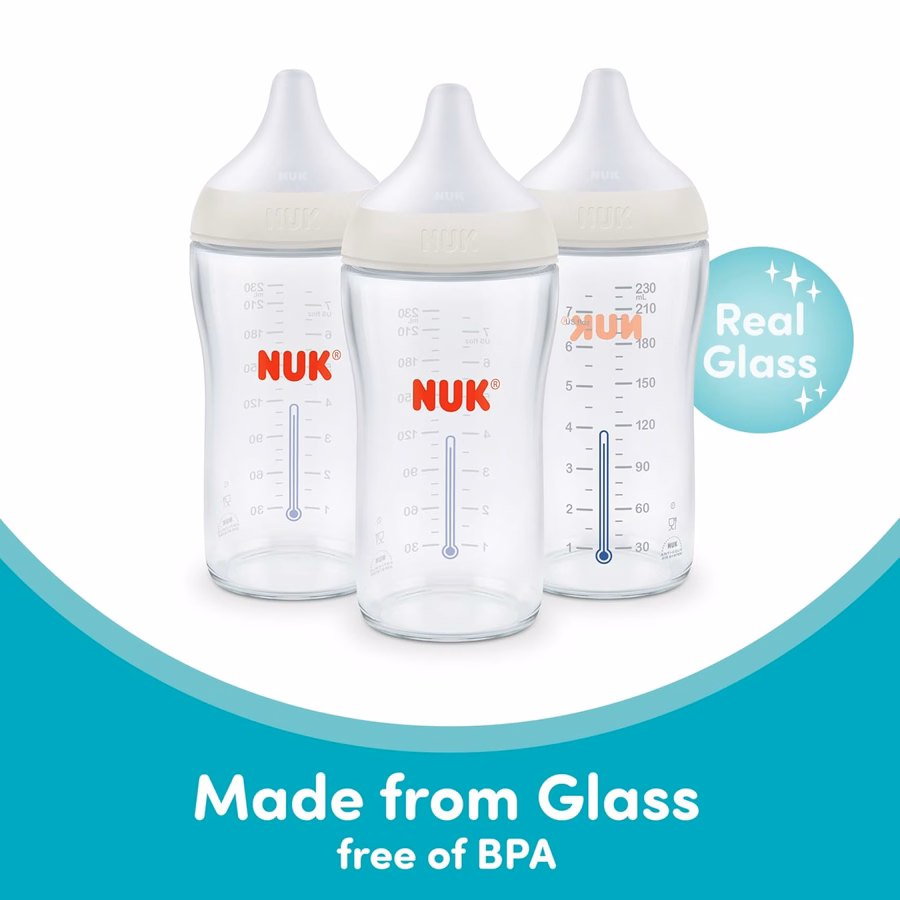 Biberon en verre NUK Perfect Match naturel anti-coliques, 240 ml (8 oz), avec indicateur de température SafeTemp, indispensable pour nouveau-né, lot de 3 : Bébé