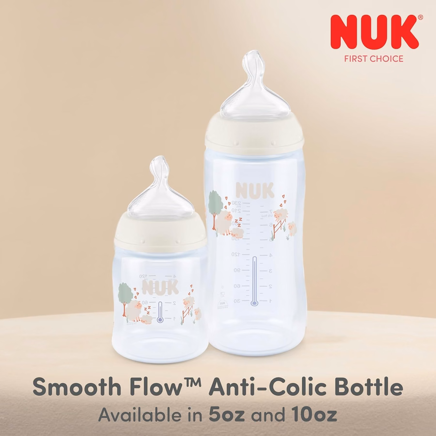 Biberon anti-coliques NUK First Choice Smooth Flow, couleur pêche, 295 ml (10 oz), avec indicateur de température SafeTemp, indispensable pour nouveau-né, lot de 4 : Bébé